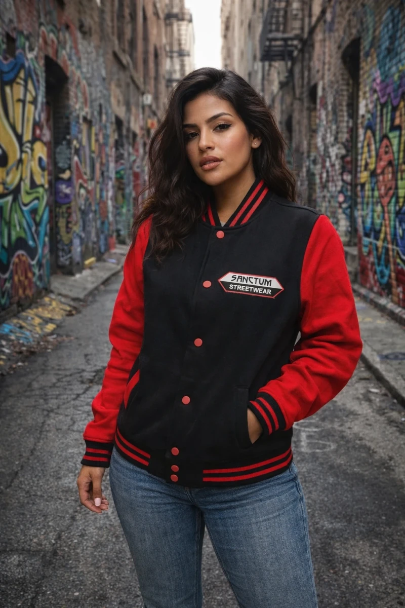 Sanctum Streetwear  College Jacke black / red - Big Logo   Die College Jacke aus Sweatstoff mit gestreiften Rrippbündchen am Kragen, Saum und Ärmelöffnungen.  Metalldruckknöpfe in Kontrast  zwei Einschubtaschen aus Oberstoff  innen angerauter Sweatstoff    Farbe: black / red  Material: 65% Baumwolle, 35% Polyester Oberstoff ( 300g/ m²) 