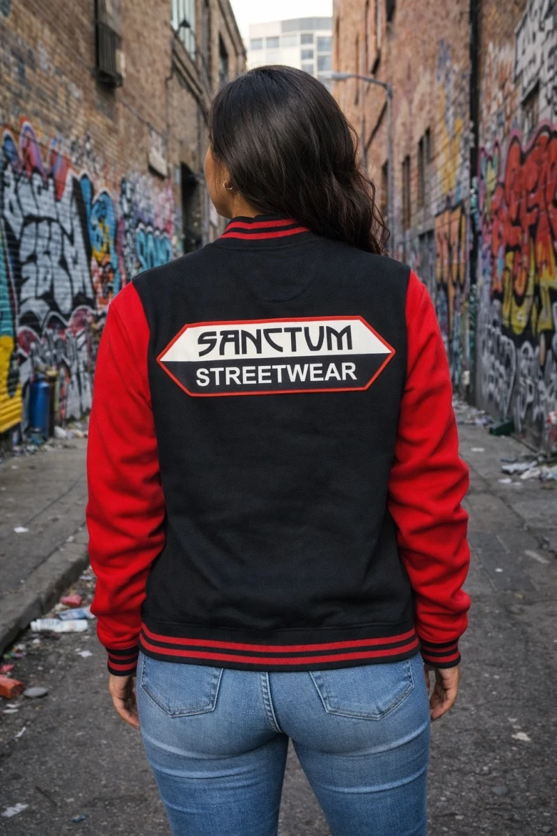 Sanctum Streetwear  College Jacke - black / red - Big Logo   Die College Jacke aus Sweatstoff mit gestreiften Rrippbündchen am Kragen, Saum und Ärmelöffnungen.  Metalldruckknöpfe in Kontrast  zwei Einschubtaschen aus Oberstoff  innen angerauter Sweatstoff    Farbe: black / red  Material: 65% Baumwolle, 35% Polyester Oberstoff ( 300g/ m²) 