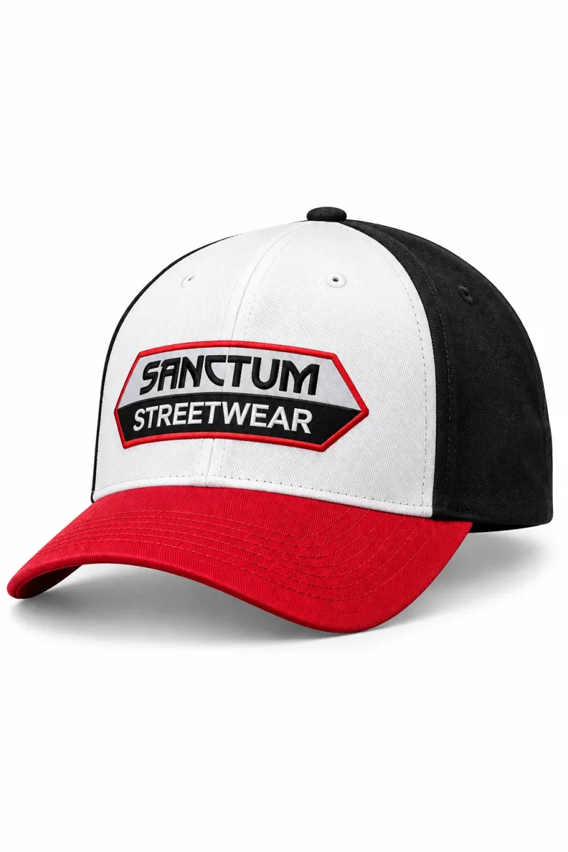 Sanctum Streetwear  Sanctum Streetwear Flexfit Cap    Das moderne Flexfit Cap im dreifarbigen Style zeichnet sich mit vorgebogenem Visor und integriertem Gummiband für den richtigen Halt am Kopf aus.  Die Farben schwarz, weiß und rot sind passend zum eingestickten Sanctum Streetwear Logo und verleihen dem Cap dadurch die besondere Optik.    Material: 63% Polyester, 34%Baumwolle, 3% Elasthan