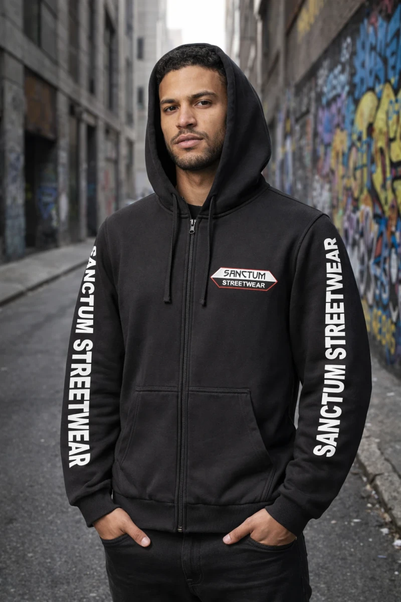 Sanctum Streetwear  Hooded Jacket - black   Klassische Sweatjacke mit Kapuze  Sweat-Qualität mit angerauter Innenseite  Doppellagige Kapuze mit Kordelzug  zwei Einschubtaschen  Neecktape  Bündchen mit Elasthan  Farbe: black  Material: 80% Baumwolle, 20% Polyester Oberstoff ( 280g/ m²)