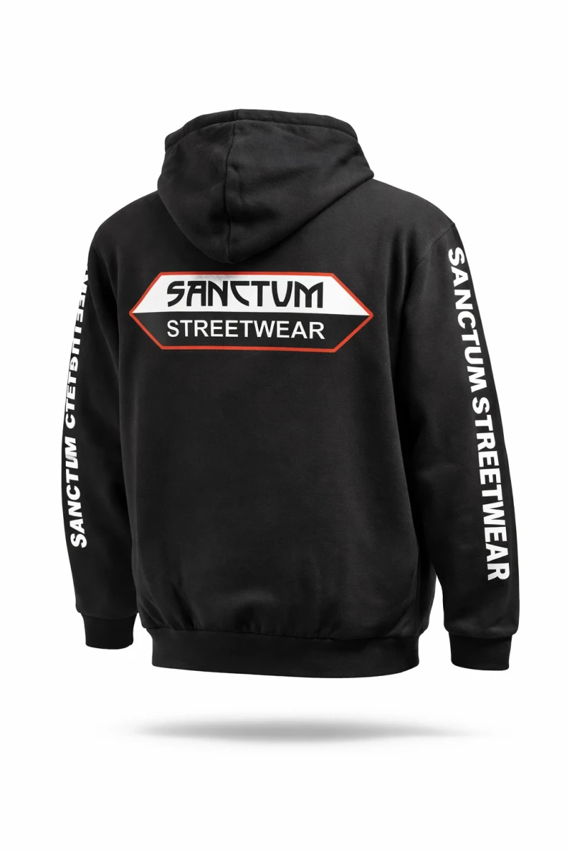 Sanctum Streetwear  Hooded Jacket - black   Klassische Sweatjacke mit Kapuze  Sweat-Qualität mit angerauter Innenseite  Doppellagige Kapuze mit Kordelzug  zwei Einschubtaschen  Neecktape  Bündchen mit Elasthan  Farbe: black  Material: 80% Baumwolle, 20% Polyester Oberstoff ( 280g/ m²)