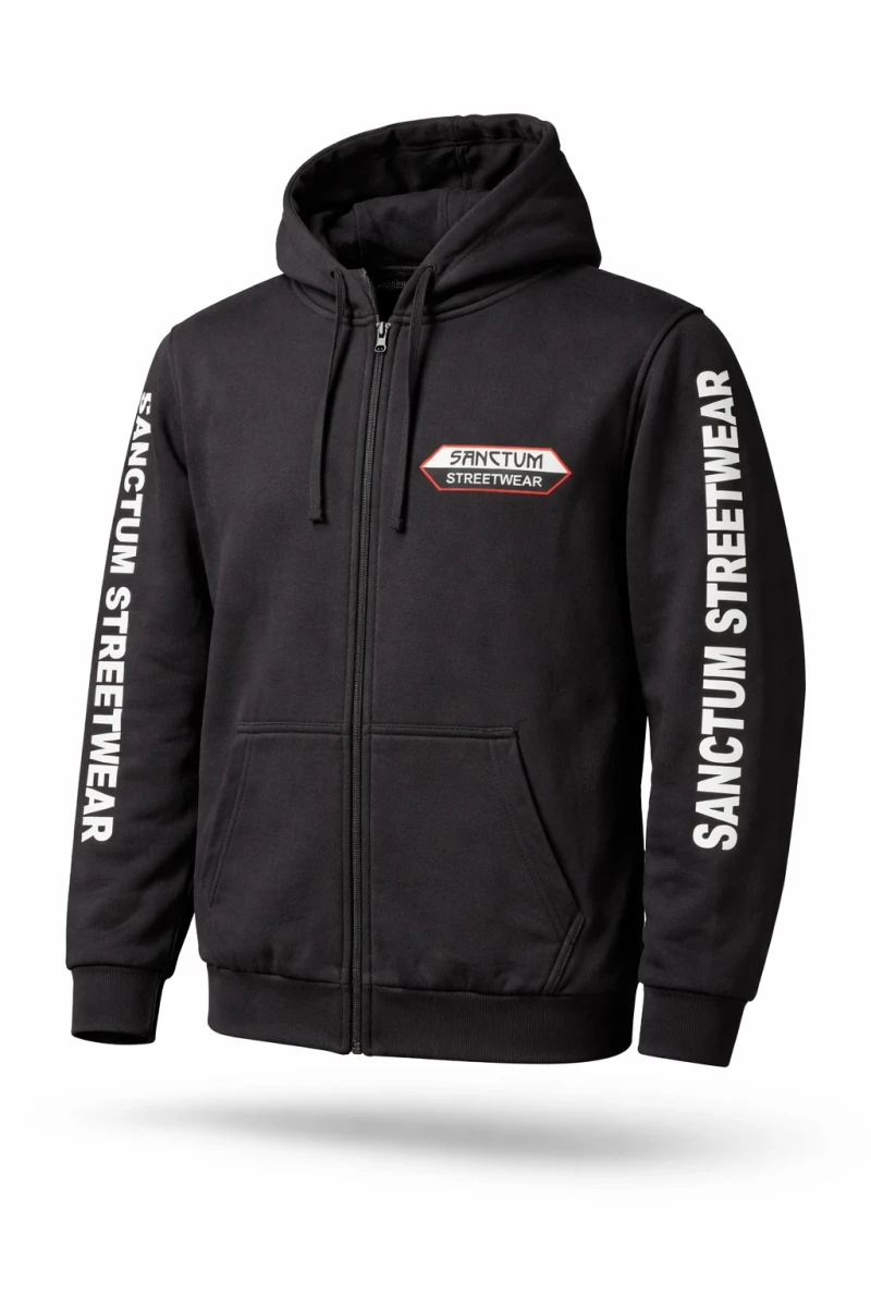 Sanctum Streetwear  Hooded Jacket - black   Klassische Sweatjacke mit Kapuze  Sweat-Qualität mit angerauter Innenseite  Doppellagige Kapuze mit Kordelzug  zwei Einschubtaschen  Neecktape  Bündchen mit Elasthan  Farbe: black  Material: 80% Baumwolle, 20% Polyester Oberstoff ( 280g/ m²)
