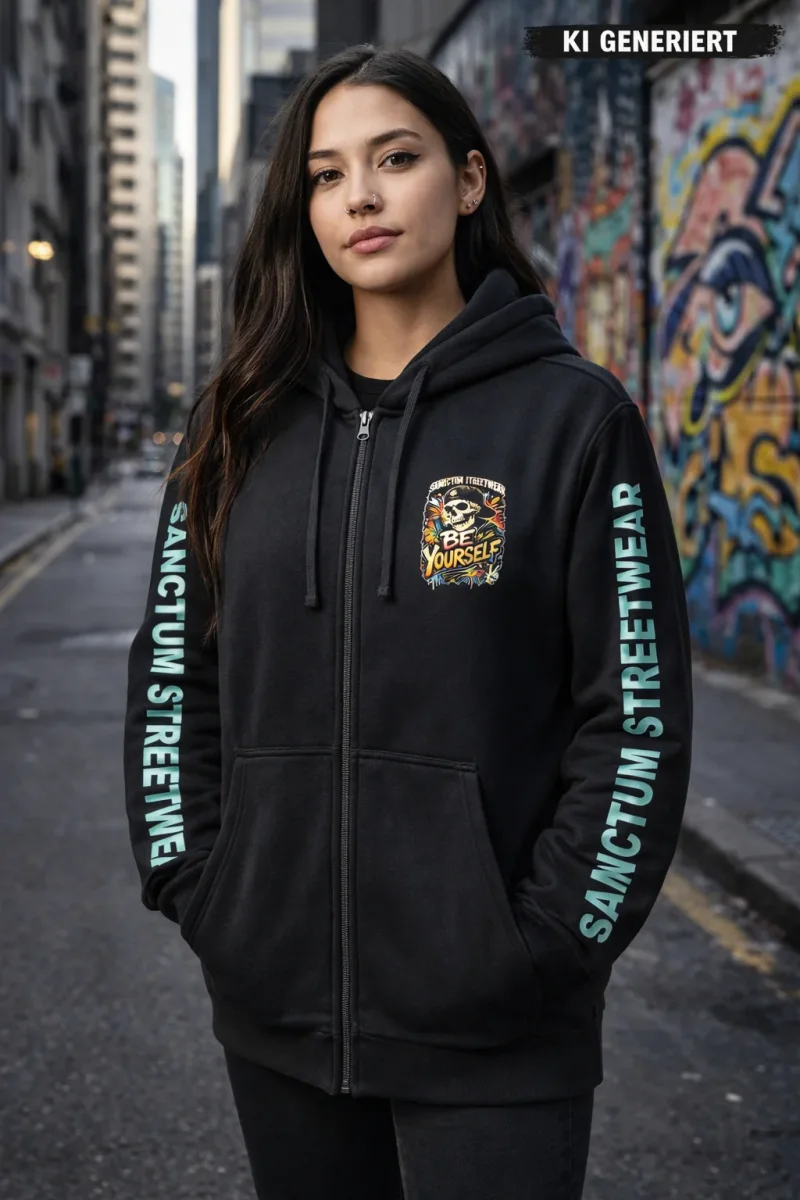 Sanctum Streetwear  Hooded Jacket Be yourself - navy    Klassische Sweatjacke mit Kapuze  Sweat-Qualität mit angerauter Innenseite  Doppellagige Kapuze mit Kordelzug  zwei Einschubtaschen  Necktape  Bündchen mit Elasthan    Material: 80% Baumwolle, 20% Polyester  Oberstoff ( 280g/ m²)