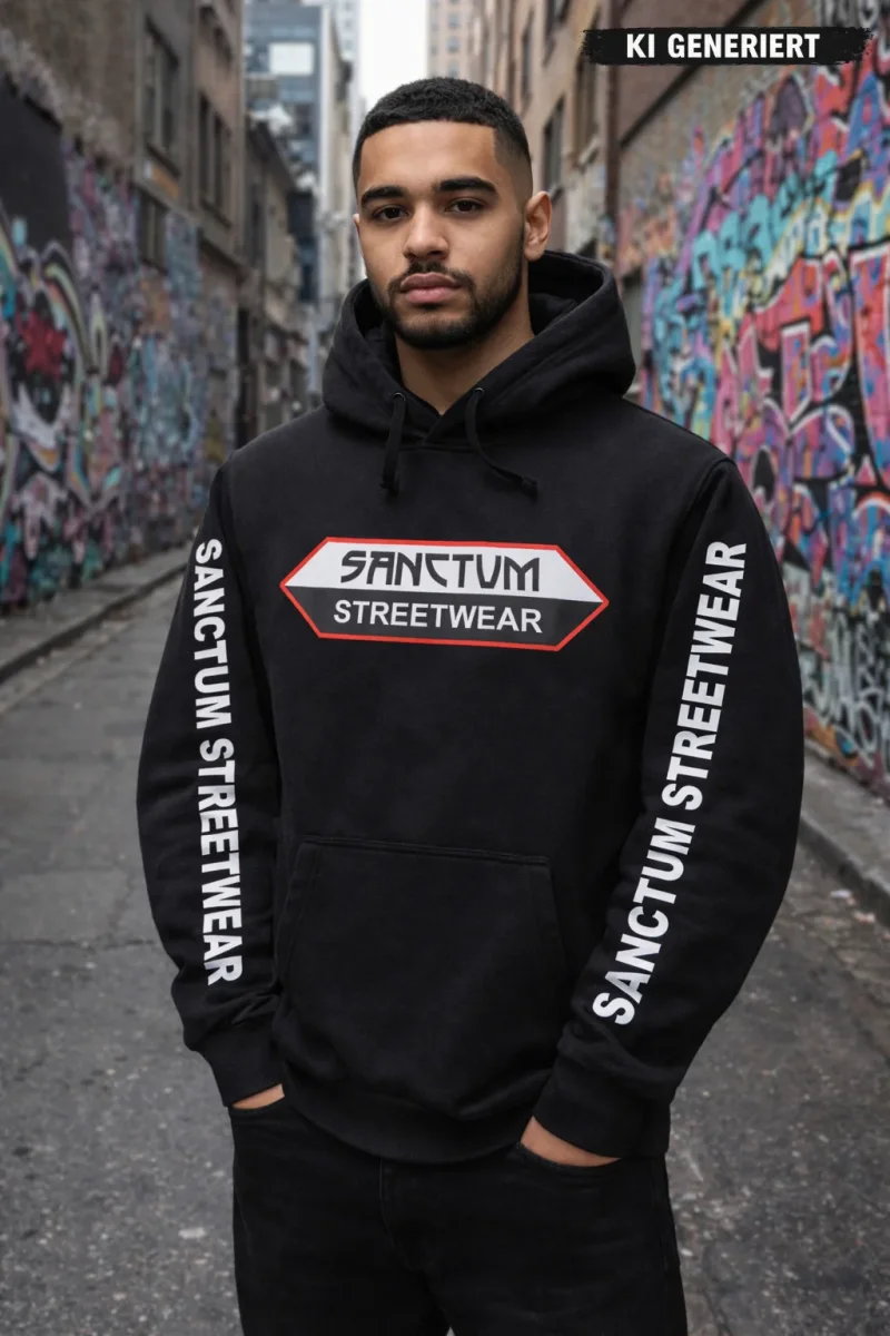 Schwarzer Hoodie mit Sanctum Streetwear Logo auf der Brust und auf den Ärmeln den Schriftzug SANCTUM STREETWEAR