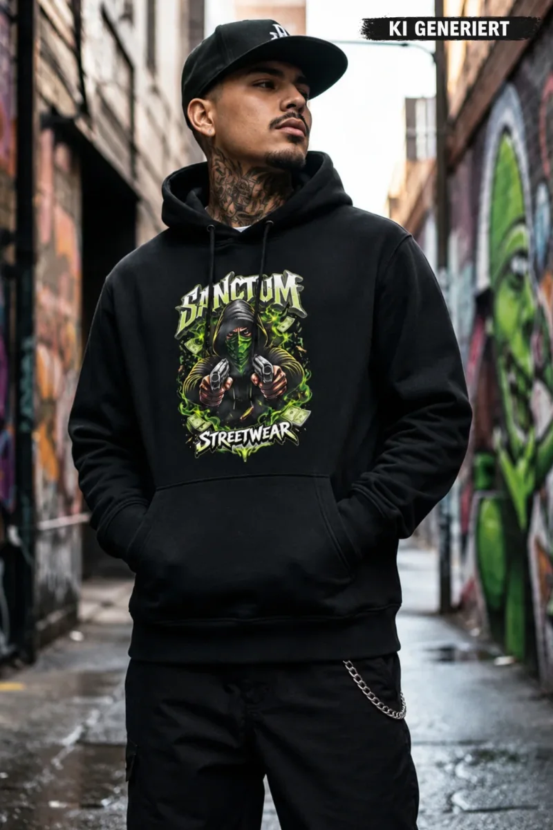 Sanctum Streetwear  Hoodie Cash & Chaos - black    Klassischer Kapuzensweater  Sweat-Qualität mit angerauter Innenseite  Doppellagige Kapuze mit Kordelzug  Necktape  Bündchen mit Elasthan    Material: 80% Baumwolle, 20% Polyester  Oberstoff ( 280g/ m²)