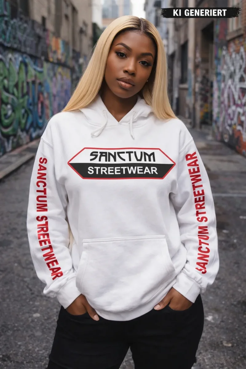 Weißer Hoodie mit Sanctum Streetwear Logo auf der Brust und auf den Ärmeln den Schriftzug SANCTUM STREETWEAR