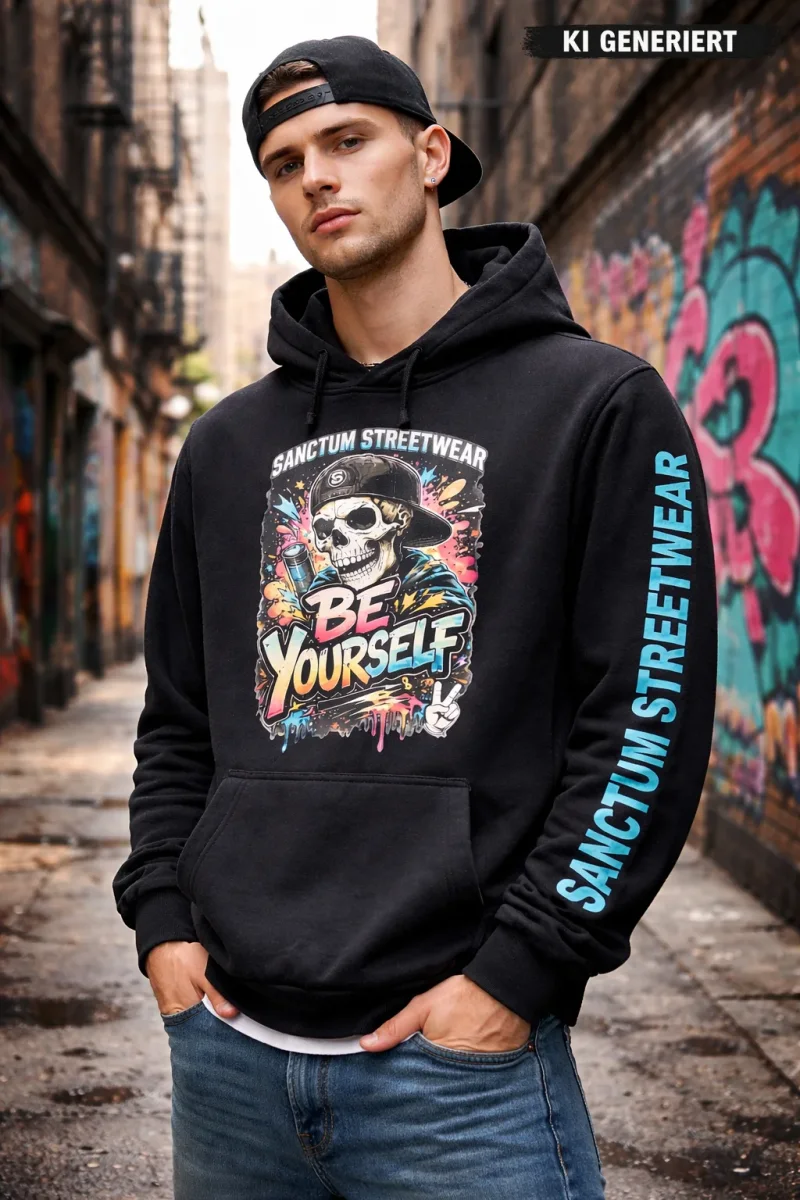 Sanctum Streetwear  Hoodie Be yourself - black   Klassischer Kapuzensweater  Sweat-Qualität mit angerauter Innenseite  Doppellagige Kapuze mit Kordelzug  Necktape  Bündchen mit Elasthan  Farbe: black  Material: 80% Baumwolle, 20% Polyester Oberstoff ( 280g/ m²) 
