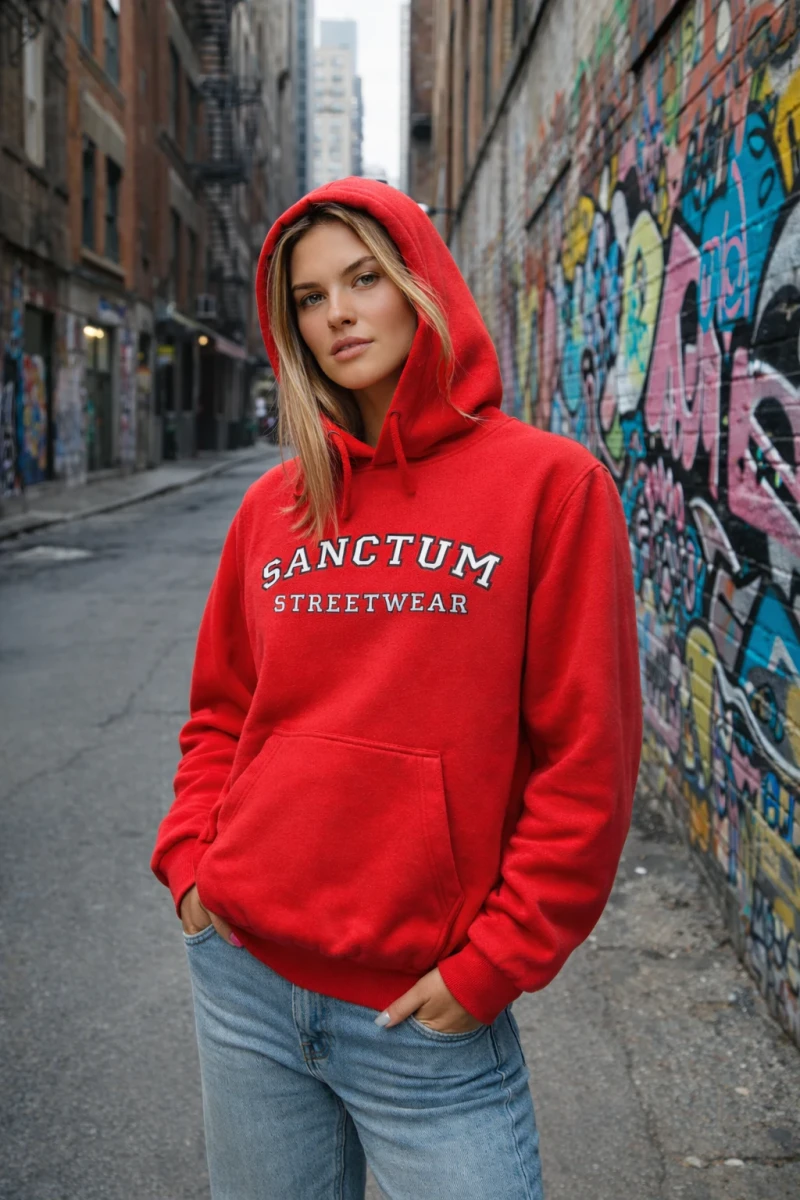 Sanctum Streetwear  Hoodie College Style - red   Klassischer Kapuzensweater  Sweat-Qualität mit angerauter Innenseite  Doppellagige Kapuze mit Kordelzug  Necktape  Bündchen mit Elasthan  Farbe: red  Material: 80% Baumwolle, 20% Polyester Oberstoff ( 280g/ m²) 