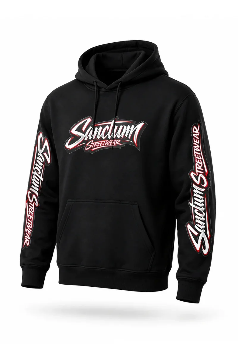 Sanctum Streetwear  Hoodie Velocity - black    Der Name Sanctum Streetwear Hoodie Velocity klingt nach Speed, Dynamik, Bewegung und Racing.  Passend zu der schnellen, motorsportartigen Schriftgestaltung auf der Brust und auf den Ärmeln.    Klassischer Kapuzensweater  Sweat-Qualität mit angerauter Innenseite  Doppellagige Kapuze mit Kordelzug  Necktape  Bündchen mit Elasthan    Material: 80% Baumwolle, 20% Polyester  Oberstoff ( 280g/ m²)