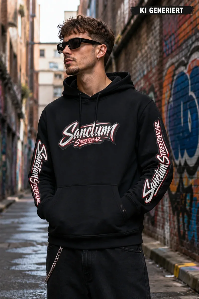 Sanctum Streetwear  Hoodie Velocity - black    Der Name Sanctum Streetwear Hoodie Velocity klingt nach Speed, Dynamik, Bewegung und Racing.  Passend zu der schnellen, motorsportartigen Schriftgestaltung auf der Brust und auf den Ärmeln.    Klassischer Kapuzensweater  Sweat-Qualität mit angerauter Innenseite  Doppellagige Kapuze mit Kordelzug  Necktape  Bündchen mit Elasthan    Material: 80% Baumwolle, 20% Polyester  Oberstoff ( 280g/ m²)