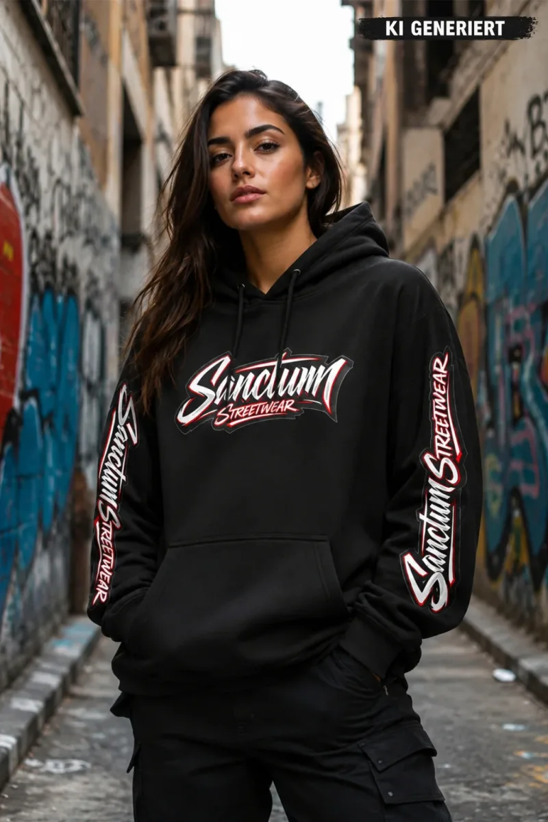 Sanctum Streetwear  Hoodie Velocity - black    Der Name Sanctum Streetwear Hoodie Velocity klingt nach Speed, Dynamik, Bewegung und Racing.  Passend zu der schnellen, motorsportartigen Schriftgestaltung auf der Brust und auf den Ärmeln.    Klassischer Kapuzensweater  Sweat-Qualität mit angerauter Innenseite  Doppellagige Kapuze mit Kordelzug  Necktape  Bündchen mit Elasthan    Material: 80% Baumwolle, 20% Polyester  Oberstoff ( 280g/ m²)