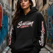 Sanctum Streetwear  Hoodie Velocity - black    Der Name Sanctum Streetwear Hoodie Velocity klingt nach Speed, Dynamik, Bewegung und Racing.  Passend zu der schnellen, motorsportartigen Schriftgestaltung auf der Brust und auf den Ärmeln.    Klassischer Kapuzensweater  Sweat-Qualität mit angerauter Innenseite  Doppellagige Kapuze mit Kordelzug  Necktape  Bündchen mit Elasthan    Material: 80% Baumwolle, 20% Polyester  Oberstoff ( 280g/ m²)