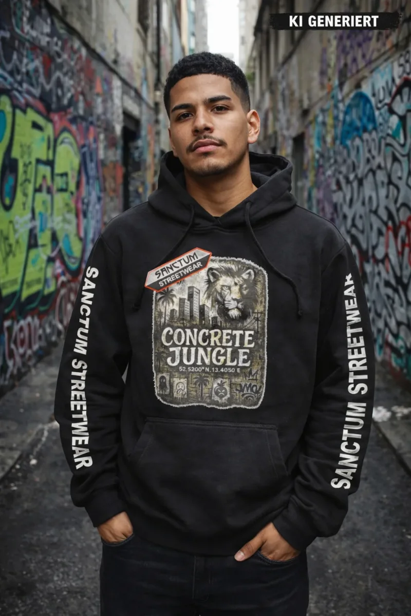 Schwarzen Hoodie mit Sanctum Streetwear Concrete Jungle Pic auf der Brust und auf den Ärmeln den Schriftzug SANCTUM STREETWEAR