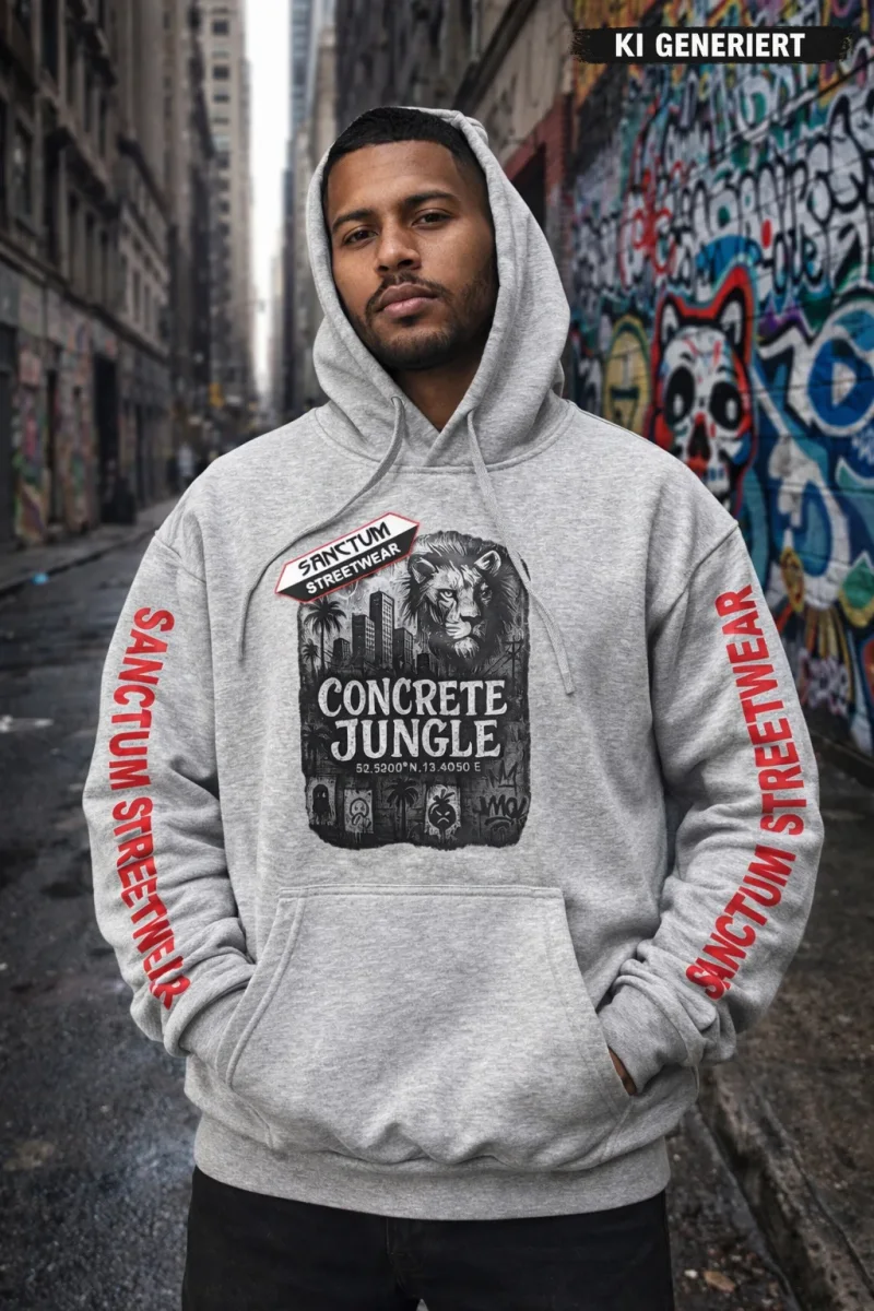 Grau melierter Hoodie mit Sanctum Streetwear Concrete Jungle Pic auf der Brust und auf den Ärmeln den Schriftzug SANCTUM STREETWEAR