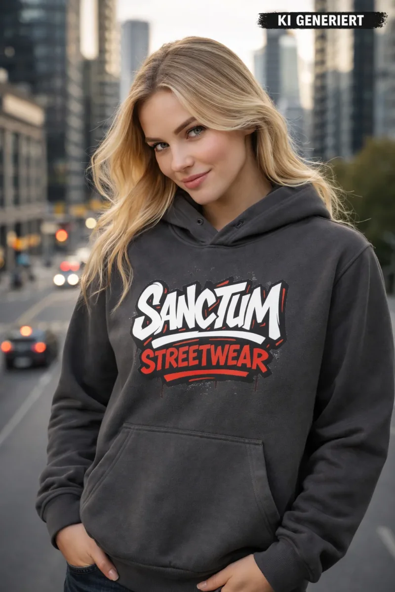 Dunkel grauer Hoodie mit Sanctum Streetwear Graffiti Logo auf der Brust