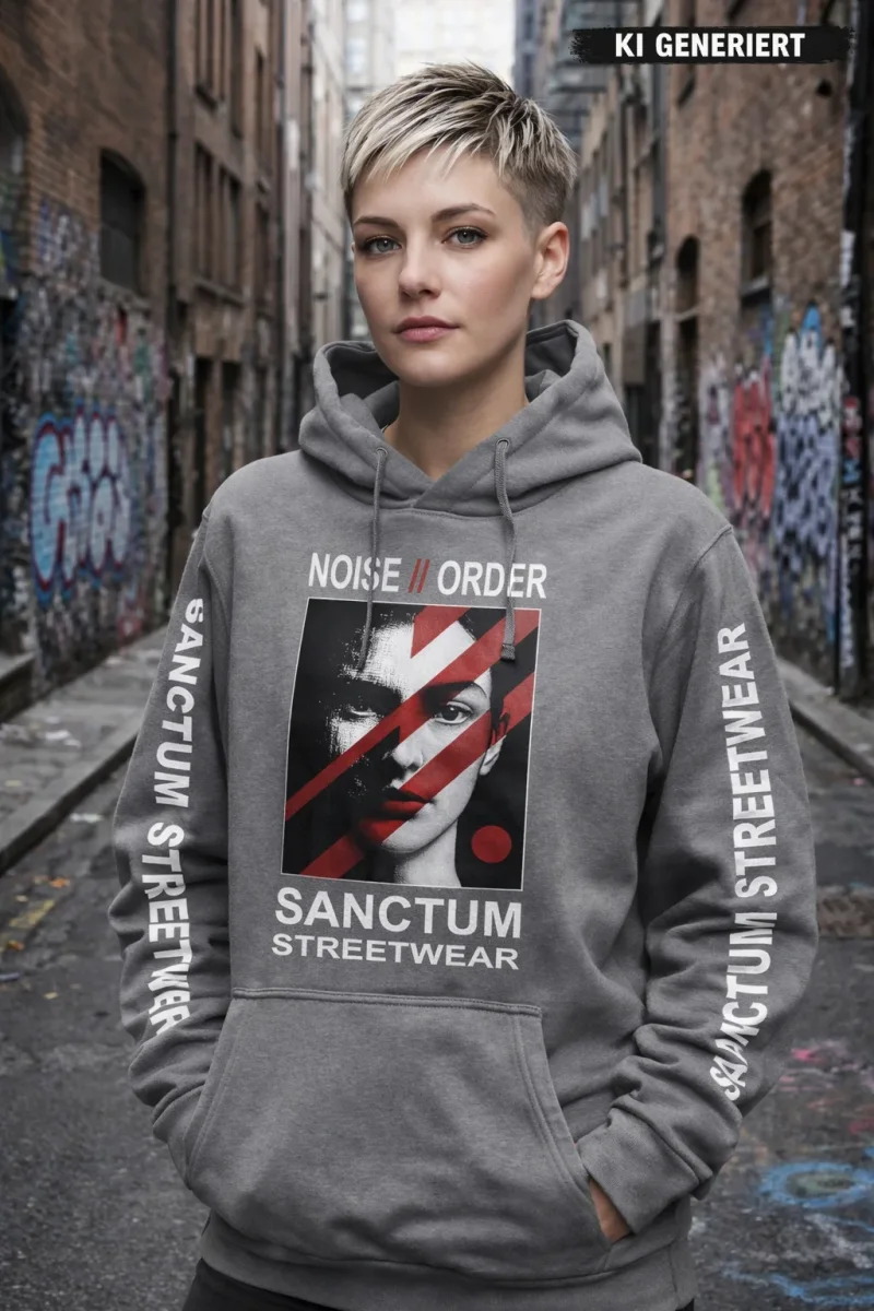 Dunkel grauer Hoodie mit Sanctum Streetwear Logo auf der Brust und Schriftzug SANCTUM STREETWEAR auf den Ärmeln