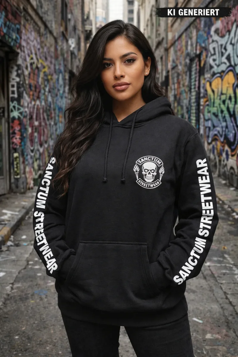 Schwarzer Hoodie mit Sanctum Streetwear Skull MC Logo auf der Brust und Schriftzug SANCTUM STREETWEAR auf den Ärmeln, sowie das Skull MC Logo groß auf dem Rücken