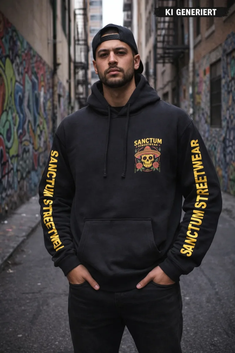 Schwarzer Hoodie mit Sanctum Streetwear Sombrero Logo auf der Brust und Schriftzug SANCTUM STREETWEAR auf den Ärmeln, sowie das Sombrero Logo groß auf dem Rücken