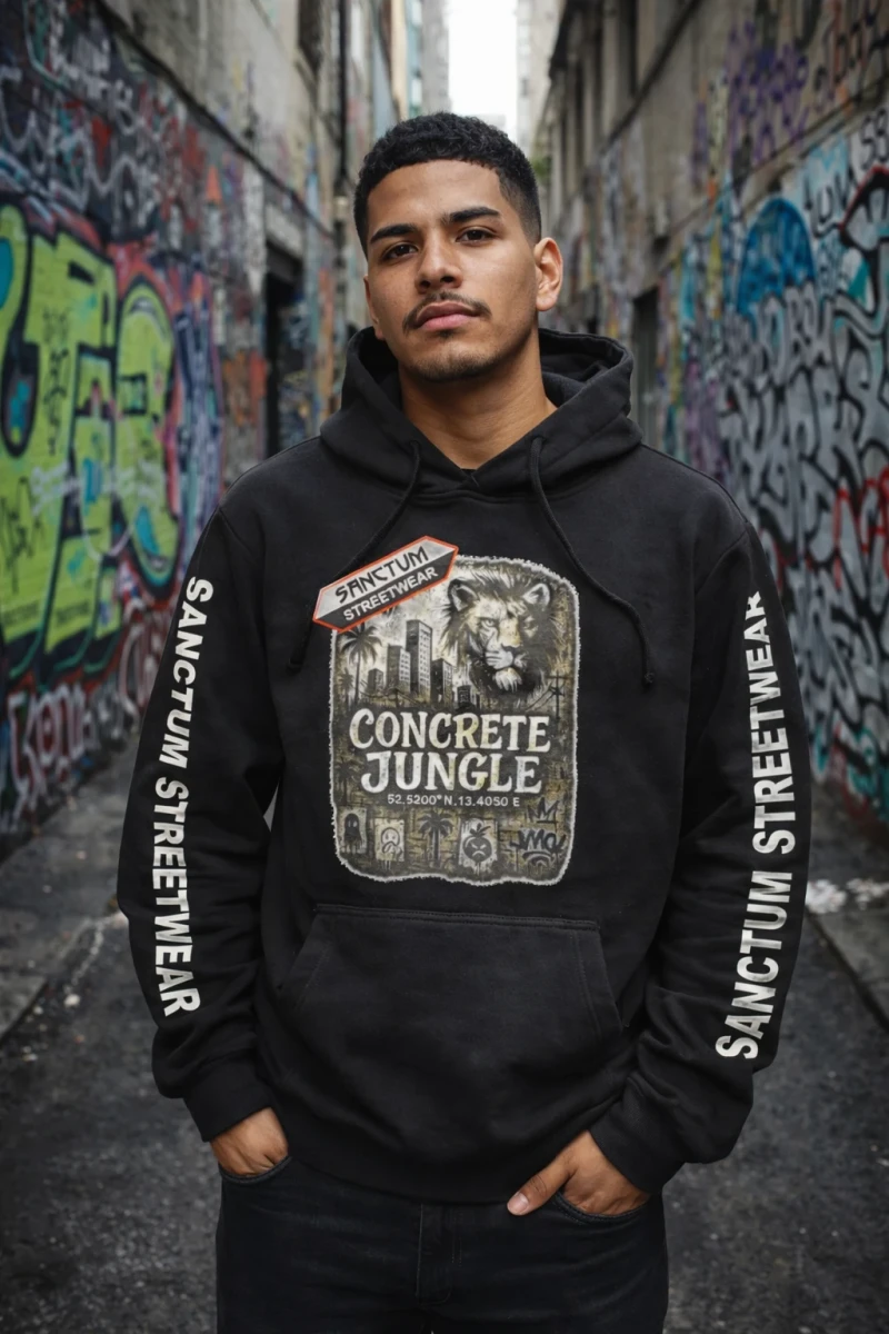 Schwarzen Hoodie mit Sanctum Streetwear Concrete Jungle Pic auf der Brust und auf den Ärmeln den Schriftzug SANCTUM STREETWEAR