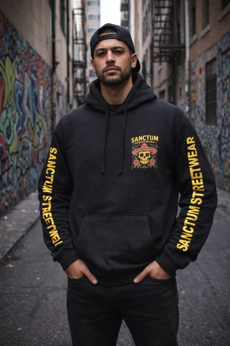 Schwarzer Hoodie mit Sanctum Streetwear Sombrero Logo auf der Brust und Schriftzug SANCTUM STREETWEAR auf den Ärmeln, sowie das Sombrero Logo groß auf dem Rücken
