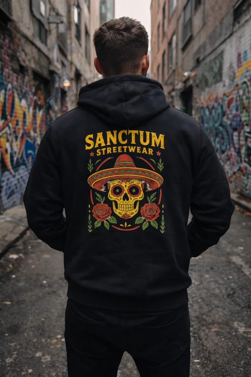 Schwarzer Hoodie mit Sanctum Streetwear Sombrero Logo auf der Brust und Schriftzug SANCTUM STREETWEAR auf den Ärmeln, sowie das Sombrero Logo groß auf dem Rücken