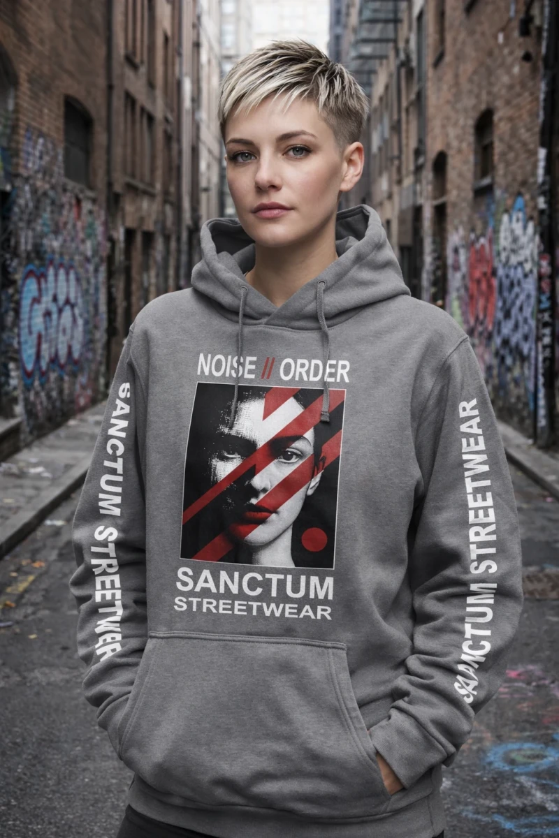 Dunkel grauer Hoodie mit Sanctum Streetwear Logo auf der Brust und Schriftzug SANCTUM STREETWEAR auf den Ärmeln
