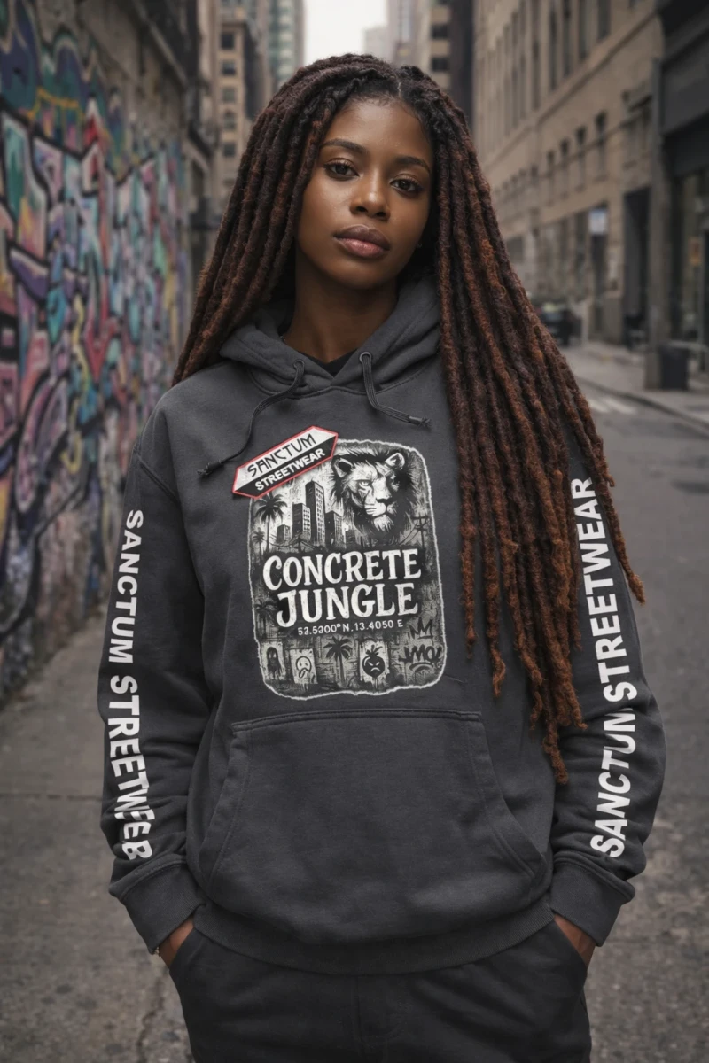 Dunkel grauer Hoodie mit Sanctum Streetwear Concrete Jungle Pic auf der Brust und auf den Ärmeln den Schriftzug SANCTUM STREETWEAR