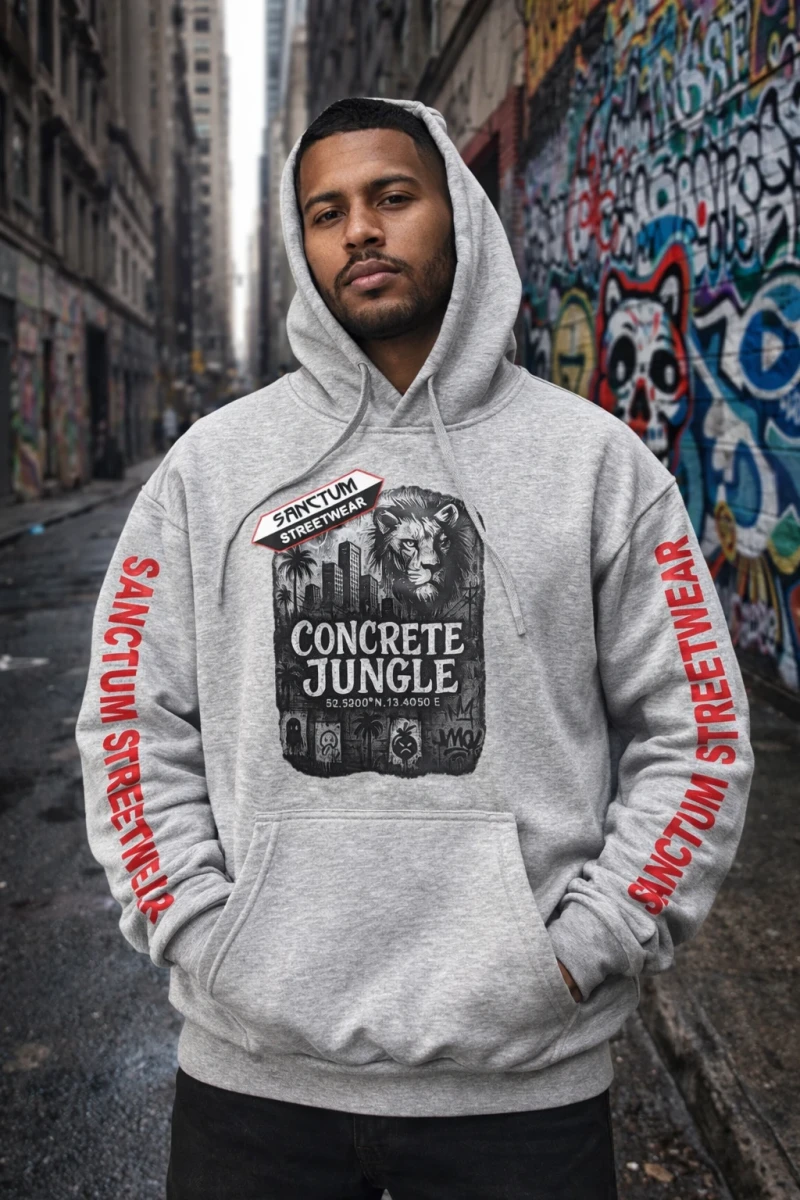 Grau melierter Hoodie mit Sanctum Streetwear Concrete Jungle Pic auf der Brust und auf den Ärmeln den Schriftzug SANCTUM STREETWEAR