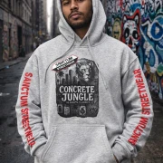 Grau melierter Hoodie mit Sanctum Streetwear Concrete Jungle Pic auf der Brust und auf den Ärmeln den Schriftzug SANCTUM STREETWEAR