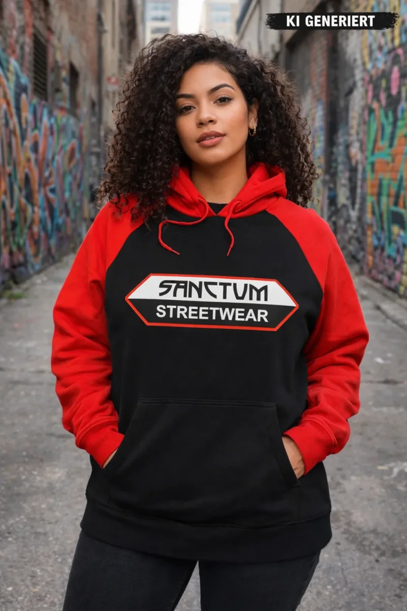 Schwarzer Hoodie mit roten Ärmeln und roter Kapuze. Sanctum Streetwear Logo auf der Brust