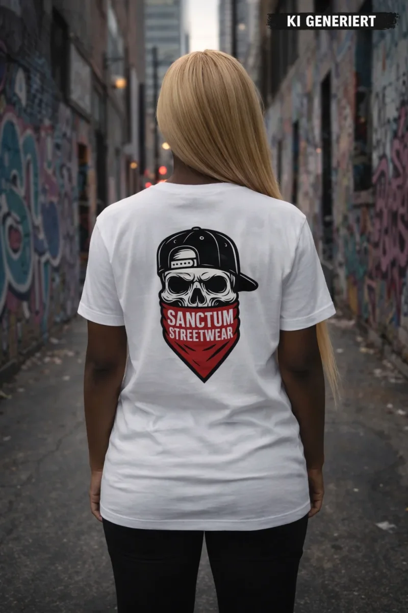 Weißes T-Shirt mit  Sanctum Streetwear Bandana Skull klein auf der Brust und auf dem Rücken in groß