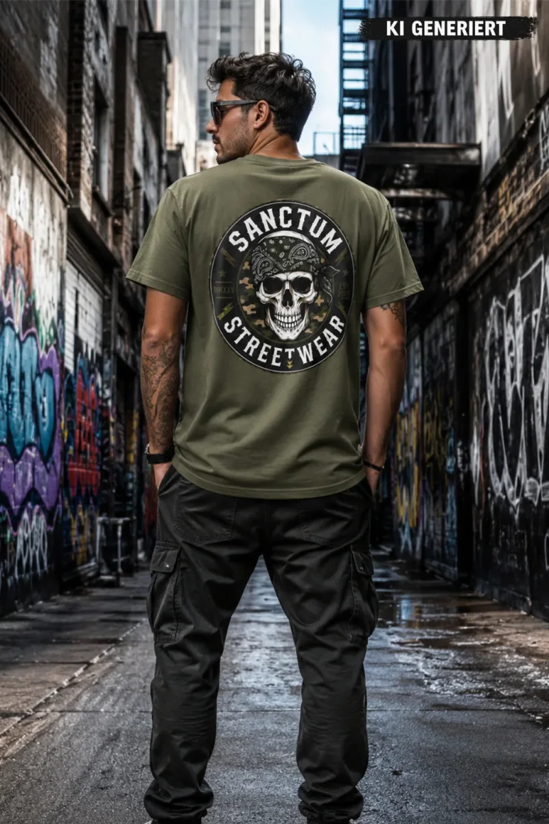 Sanctum Streetwear  T-Shirt Camo Skull - oliv  Dieses Rundhals T-Shirt überzeugt durch seinen zeitlosen Schnitt und dem hohen Tragekomfort.    Klassischer Rundhalsausschnitt  Single Jersey    Material: 100% Baumwolle  Oberstoff ( 180g/ m²)