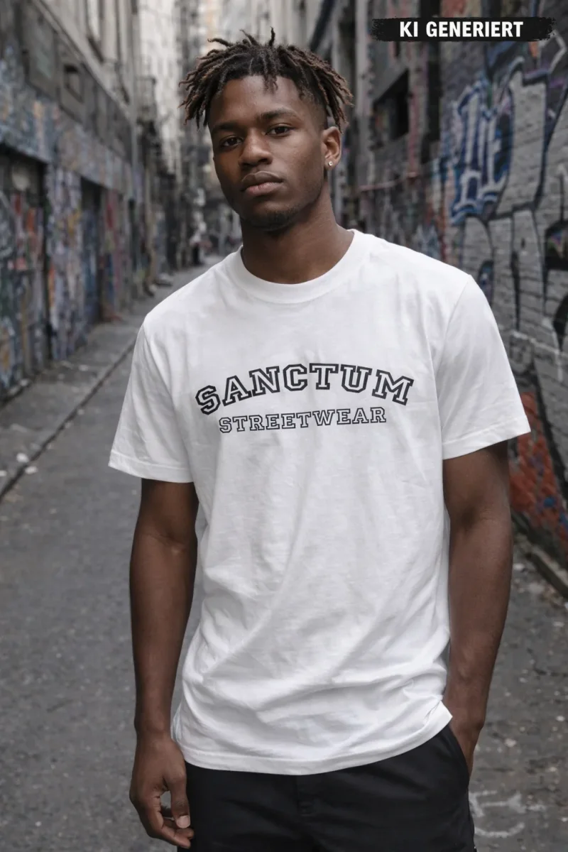 Weißes T-Shirt mit Aufdruck Sanctum Streetwear auf der Brust