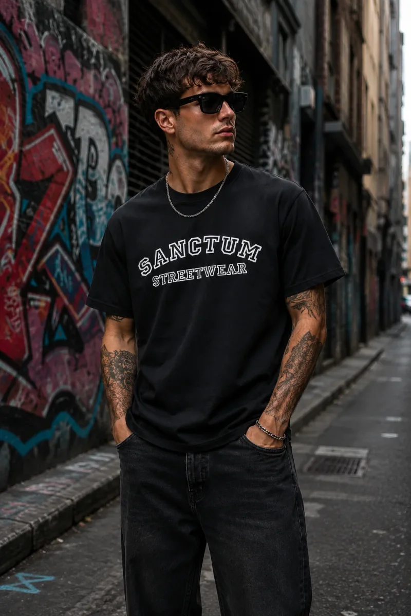 Sanctum Streetwear  T-Shirt College Style - black  Dieses Rundhals T-Shirt überzeugt durch seinen zeitlosen Schnitt und dem hohen Tragekomfort.    Klassischer Rundhalsausschnitt  Single Jersey    Material: 100% Baumwolle  Oberstoff ( 180g/ m²)