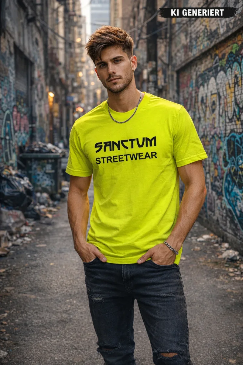 Gelbes T-Shirt mit schwarzem Aufdruck Sanctum Streetwear auf der Brust