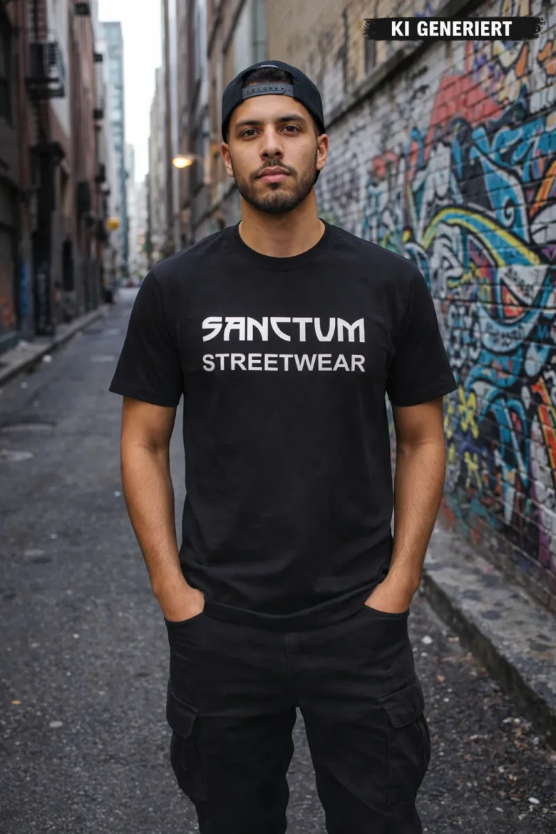 Schwarzes T-Shirt mit weißem Aufdruck Sanctum Streetwear auf der Brust