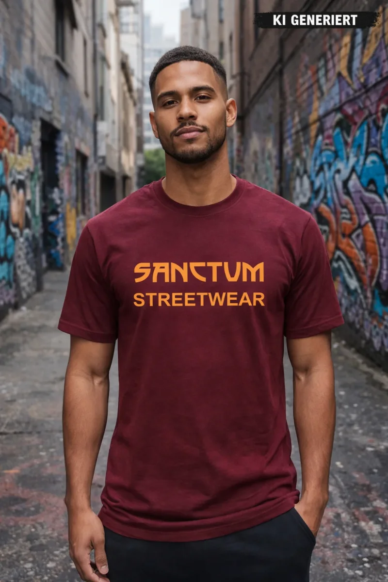 Burgundy farbliches T-Shirt mit orangem Aufdruck Sanctum Streetwear auf der Brust