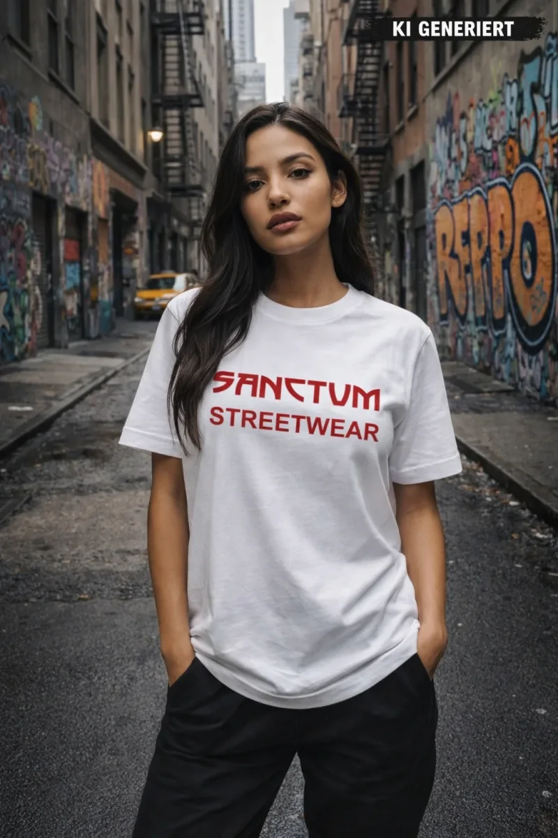 Weißes T-Shirt mit rotem Aufdruck Sanctum Streetwear auf der Brust