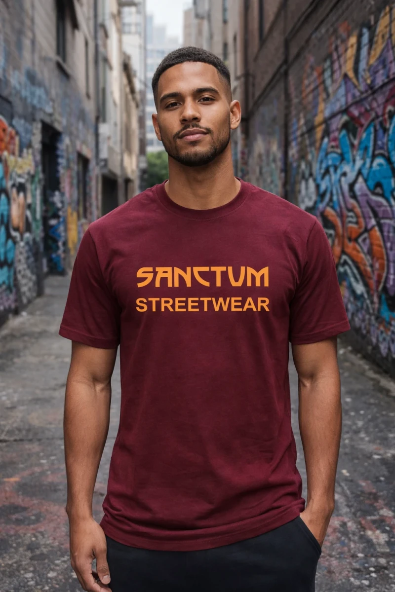 Burgundy farbliches T-Shirt mit orangem Aufdruck Sanctum Streetwear auf der Brust