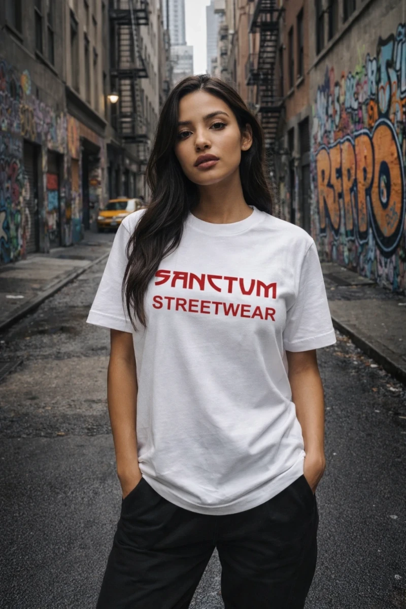 Weißes T-Shirt mit rotem Aufdruck Sanctum Streetwear auf der Brust