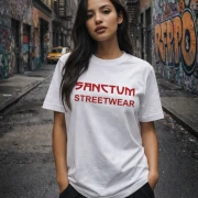 Weißes T-Shirt mit rotem Aufdruck Sanctum Streetwear auf der Brust