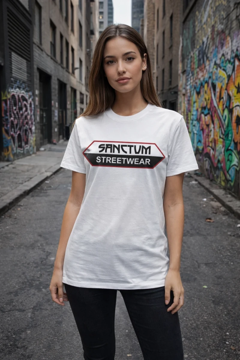 Weißes T-Shirt mit  Sanctum Streetwear Logo auf der Brust