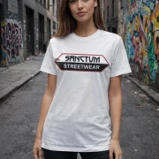 Weißes T-Shirt mit  Sanctum Streetwear Logo auf der Brust