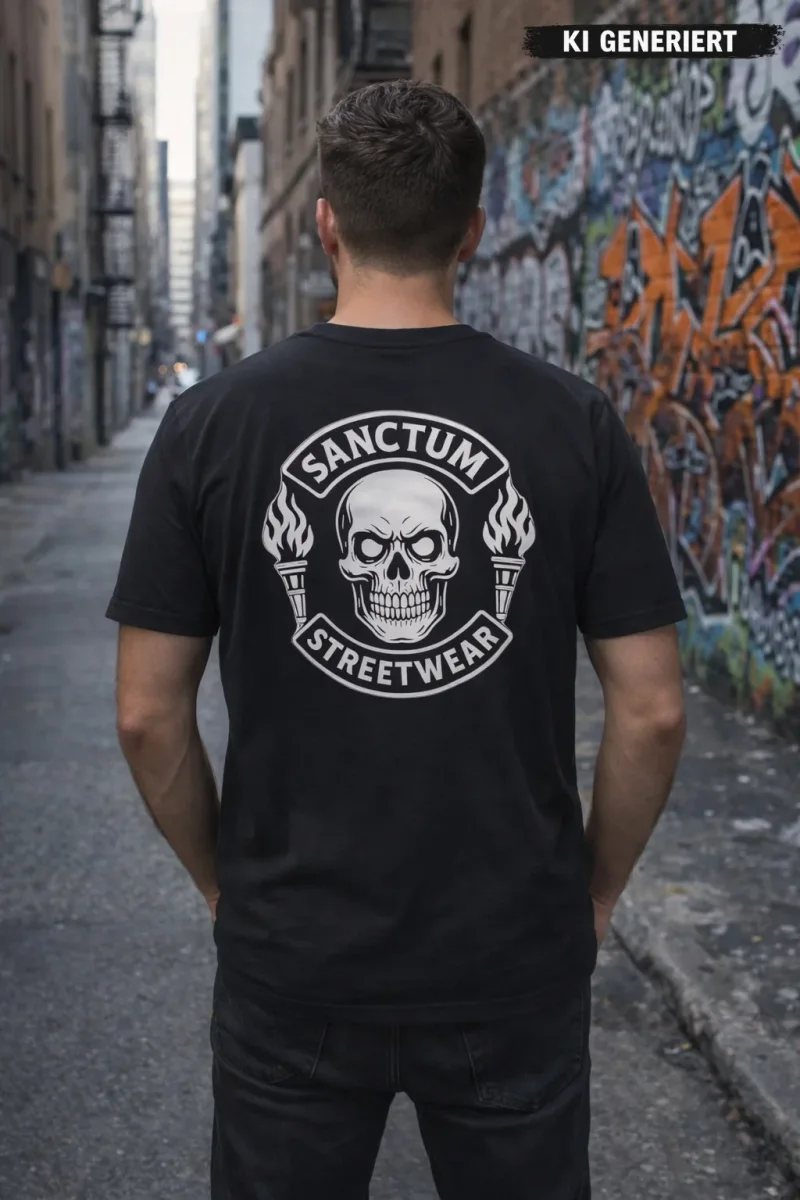 Schwarzes T-Shirt mit  Sanctum Streetwear Skull MC klein auf der Brust und auf dem Rücken in groß
